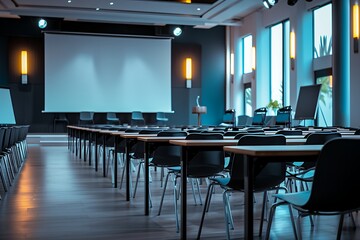 modern and sophisticated conference room with rows of empty chairs, a projector screen at the front