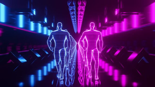 Holographic people walking in a cyber tunnel. Futuristic tunnel. Walking people. Animation 3d. Repeat seamless loop.