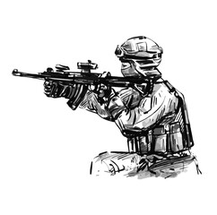 Drawing of the soldier shooting gun at battle field 