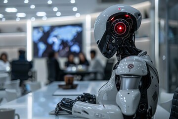 Fototapeta premium An innovative workspace featuring advanced AI-driven tools and collaborative robots representing the digital transformation in modern offices