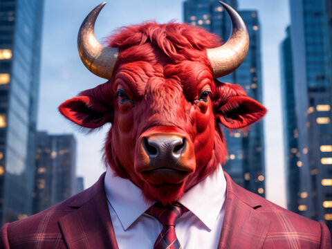 a bull dressed in a suit like a businessman. Business Concept.