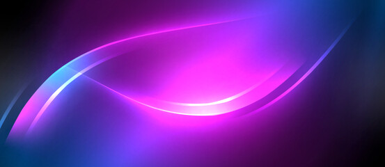 Neon glowing circle rays, light round lines in the dark, planet style neon wave lines. Energetic electric concept design for wallpaper, banner, background