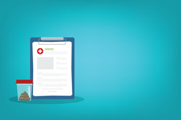 Stool analysis. Stool test feces icon. Stool sample in a plastic box and medical clipboard. Chemical laboratory analysis. Vector illustration in flat style