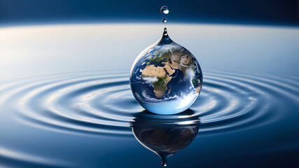 World environment day, A water droplet above a reflective water surface contains an image of the Earth, emphasizing the planet's continents and oceans