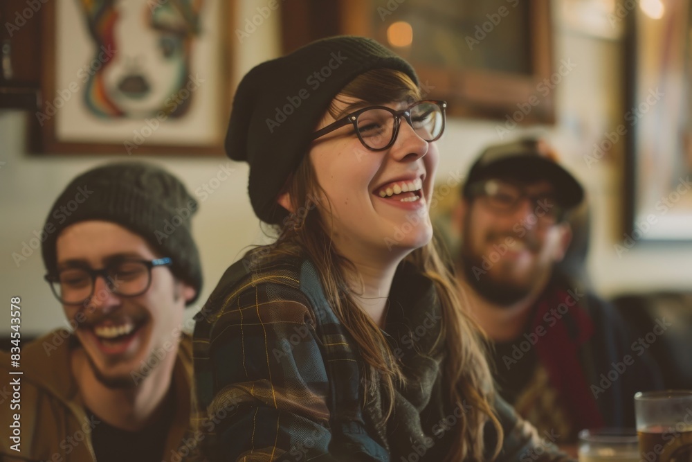 Poster Friends Friendship Hangout Traveling Destination Camping Concept. Cheerful young women and men drinking beer in pub.