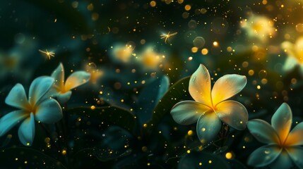 Beautiful meadow of plumeria flowers close up and isolated on dark night time