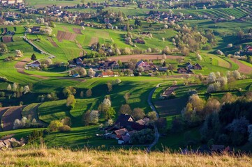 Spring Slovakia landscape. Nature fields with blooming cherries. Unique ecological land management. Polana region, Hrinova, Slovakia  © Ivan