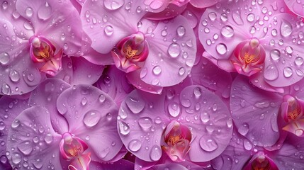 Close-up of orchid flower petals with water drops. top down view, flat lay