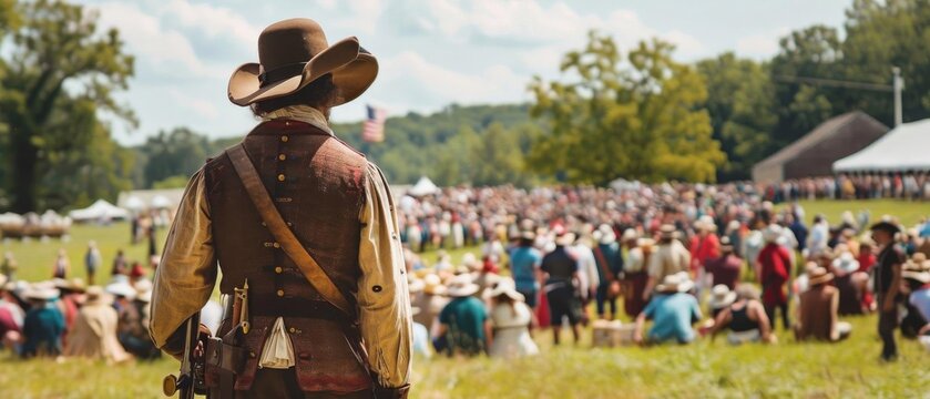 Historical reenactment scenery with a person in period attire looking at a large group of people gathered in an open field.