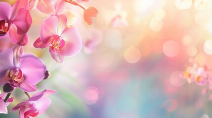 orchid flowers in the corner over soft blur nature background copy space for text