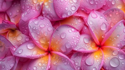 plumeria flower petals with water drops close up
