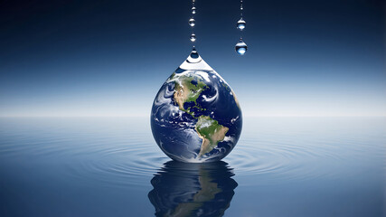 World environment day, A water droplet above a reflective water surface contains an image of the Earth, emphasizing the planet's continents and oceans