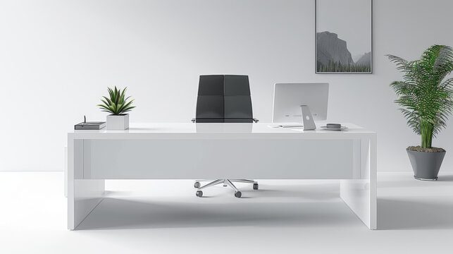 Detailed image of a minimalist white desk with clean lines, isolated on a white background, perfect for showcasing contemporary office furniture