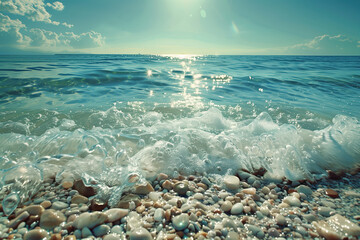 beautiful landscape photo of a beach on a sunny day
 clear sea in a bright atmosphere has many waves 