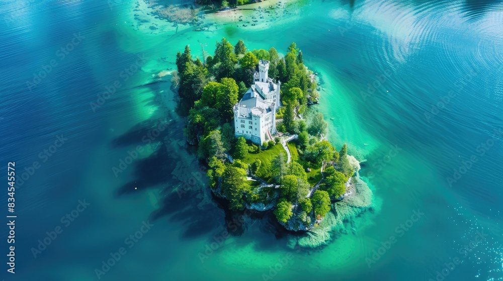 Wall mural Aerial shot of a white castle amidst vibrant greenery on an island in a clear lake.