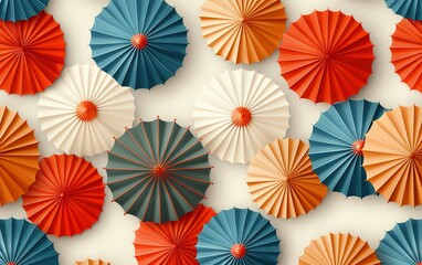 Naklejka premium Pattern design with abstract seamless background, paper umbrellas vector illustration, fall colors turquoise blue, red orange, beige white, ideal for banners and posters