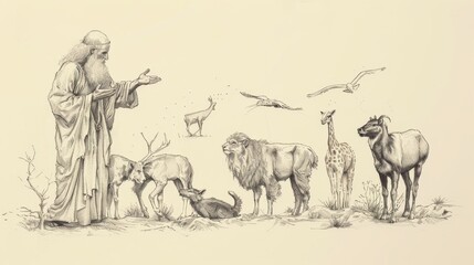 Obraz premium Biblical Illustration of Job 39: God's Continuation, Describing Animals, Highlighting Power and Wisdom in Creation, Questioning Job's Knowledge on Beige Background with Copyspace