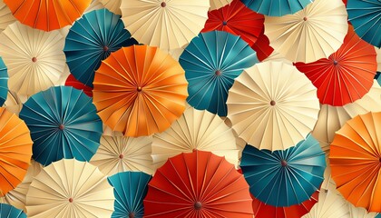 Naklejka premium Vector illustration of seamless background, abstract paper umbrellas pattern, turquoise blue, red orange, beige white, fallthemed for banners and posters
