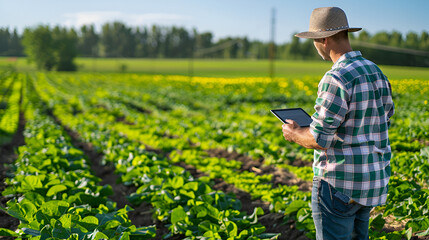 Fototapeta premium An advanced smart agriculture setup with automated farming system, tablet monitoring crop health