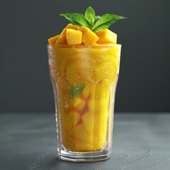 mango smoothie in a tall glass, topped with a mint garnish