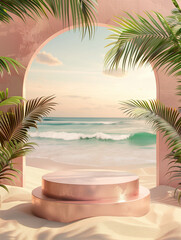 Obraz premium Pink podium in tropical beach sea, summer product presentation mockup, generative by ai