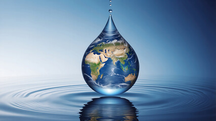 World environment day, A water droplet above a reflective water surface contains an image of the Earth, emphasizing the planet's continents and oceans