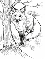 Woodland Wonder: Detailed Fox Illustration for Coloring  - Relaxing Coloring Pages for Adults - Intricate Patterns to Color  - Line Art  - Black and white - Printable pages 
