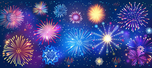 bright fireworks display vivid flat design top view celebration theme water color.