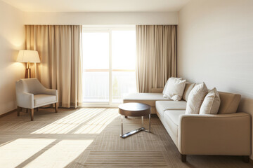 Serene hotel room interiors with natural light and warm tones. Hotel interior design composition with minimal decor.