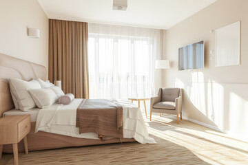 Serene hotel room interiors with natural light and warm tones. Hotel interior design composition with minimal decor.