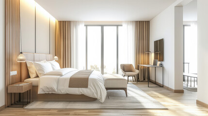 Fototapeta premium Serene hotel room interiors with natural light and warm tones. Hotel interior design composition with minimal decor.