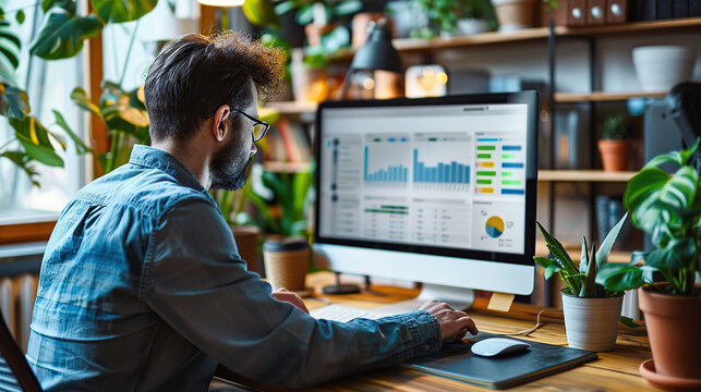 A man was working on his computer at home, looking over the screen showing graphs and data for sales or marketing