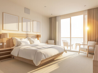 Fototapeta premium Serene hotel room interiors with natural light and warm tones. Hotel interior design composition with minimal decor.