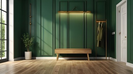 Green entrance hall in a modern classic style with a blank wall illuminated by a spotlight, an entrance door, a clothes hanger over a bench, a built-in wardrobe, a parquet floor. Front view. 3d render