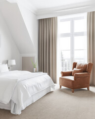 Serene hotel room interiors with natural light and warm tones. Hotel interior design composition with minimal decor.