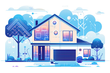 internet of things environment flat design front view smart home theme cartoon drawing Analogous Color Scheme.