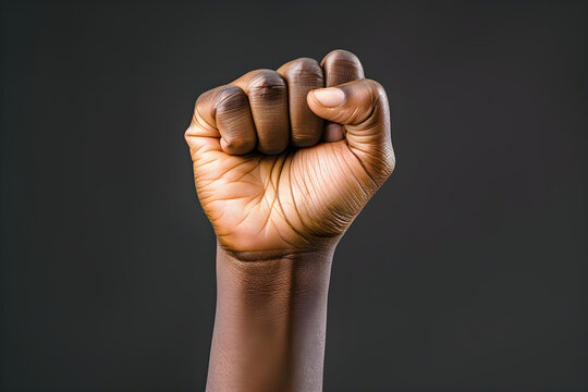 A raised clenched fist symbolizing unity and protest, representing Juneteenth celebration and black history month concept.