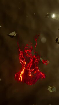 Diamond triangular head-shaped sculpture blows up and lava spouts out. 3d render	
