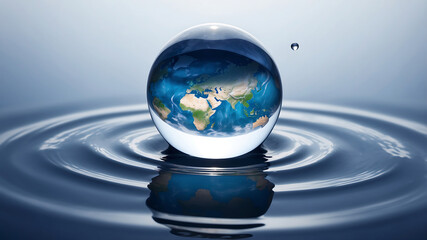 World environment day, A water droplet above a reflective water surface contains an image of the Earth, emphasizing the planet's continents and oceans