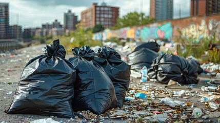 Black garbage sacks amid a vast pile of rubbish, with a city wall building forming the background, illustrating urban decay