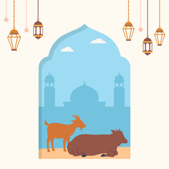 Flat design of Eid Al-Adha Mubarak greeting postcard illustration