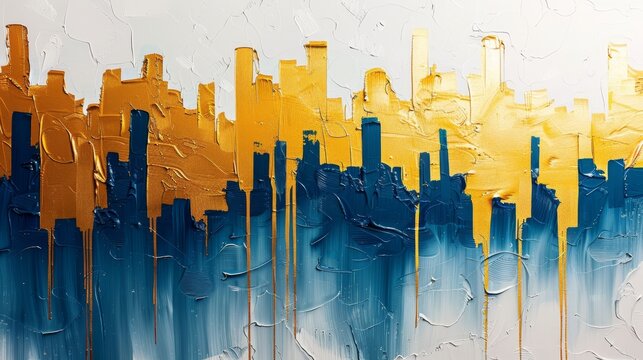 Abstract cityscape with skyscrapers in gold and blue, set against a white and blue background, featuring a dripping paint style for a modern look