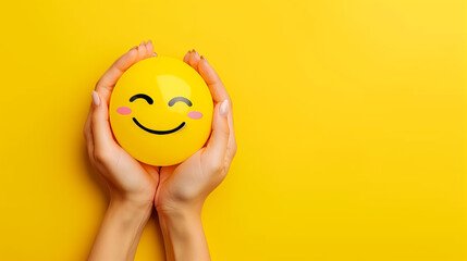 Two hands gently holding a yellow smiley face stress ball against a matching yellow background, symbolizing happiness and stress relief.
