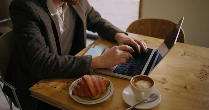 Freelancer Have Coffee Break And Working With Laptop In Cafe In Lunchtime, Closeup View Of Table Top