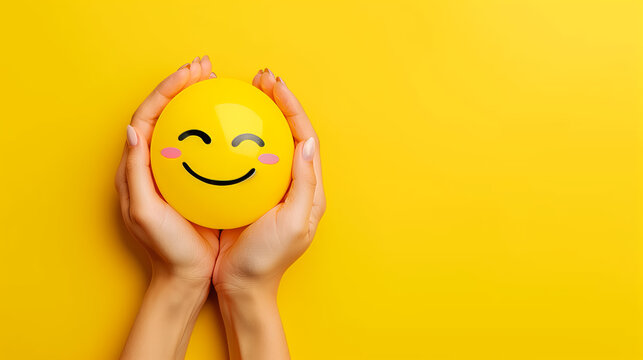 Two hands gently holding a yellow smiley face stress ball against a matching yellow background, symbolizing happiness and stress relief.
