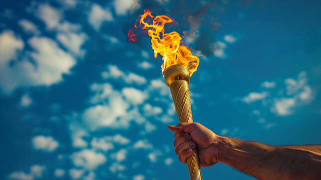 A close-up of a hand holding an Olympic torch with a vibrant flame against a blue sky with scattered clouds, symbolizing unity and tradition.

