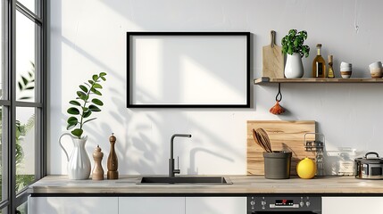 Modern Black Border Frame Mockup on Kitchen Cabinet Shelf - 3D Rendering