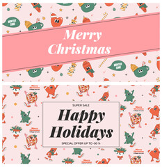Merry Christmas and Happy New year greeting card template. Playful and cheeky characters in trendy groovy style. Vector illustration set