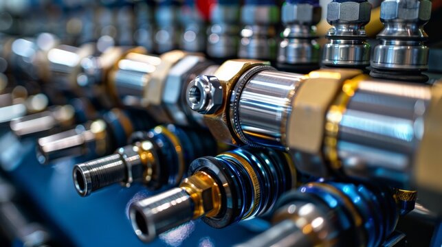 Hydraulic System Components: Capture a detailed close-up of the components of a hydraulic system, such as valves, hoses,