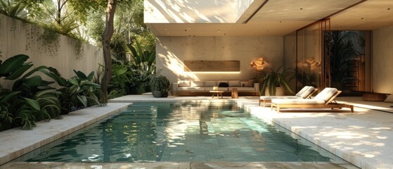 A luxurious poolside retreat, with the blank mockup of the minimalist villa complementing the elegant ambiance.